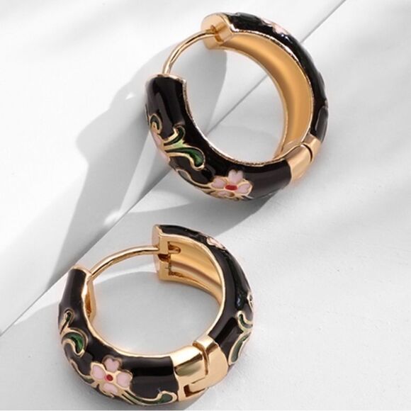 Black Floral Hand Painted Hoop Huggie Earrings 1”Circles Enamel Flower Women B… - Picture 1 of 5